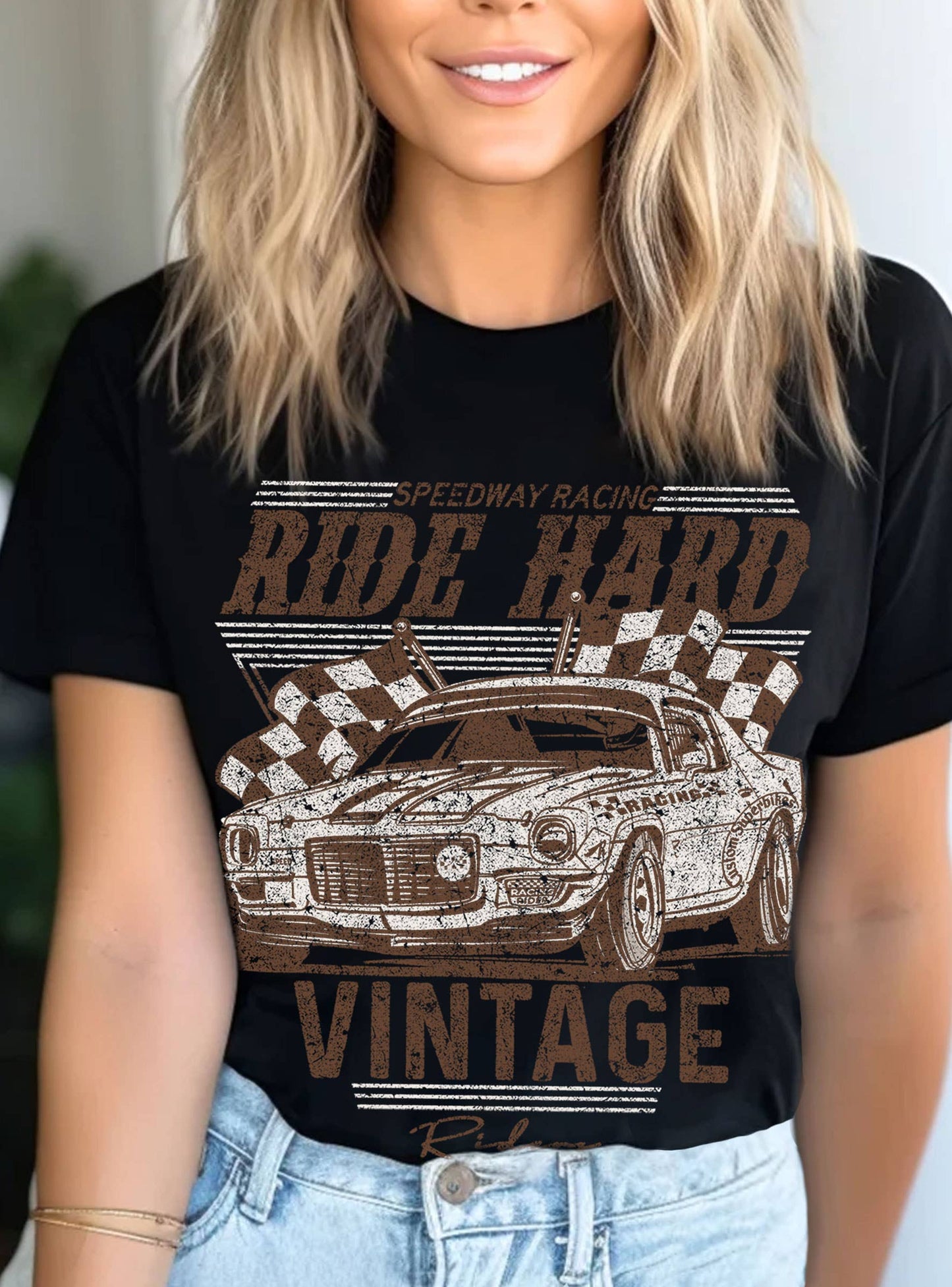 RIDE HARD VINTAGE RIDER CAR GRAPHIC TSHIRTS