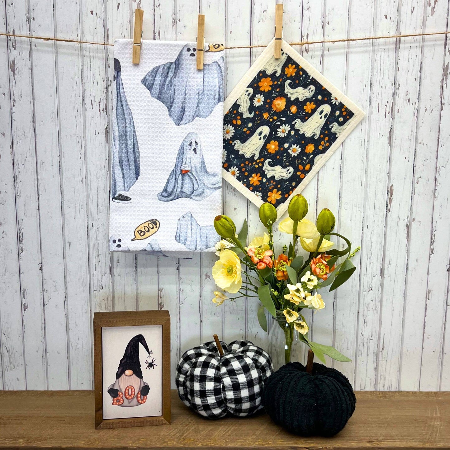 Ghosts & Fall Flowers Swedish Dishcloth - Halloween Decor