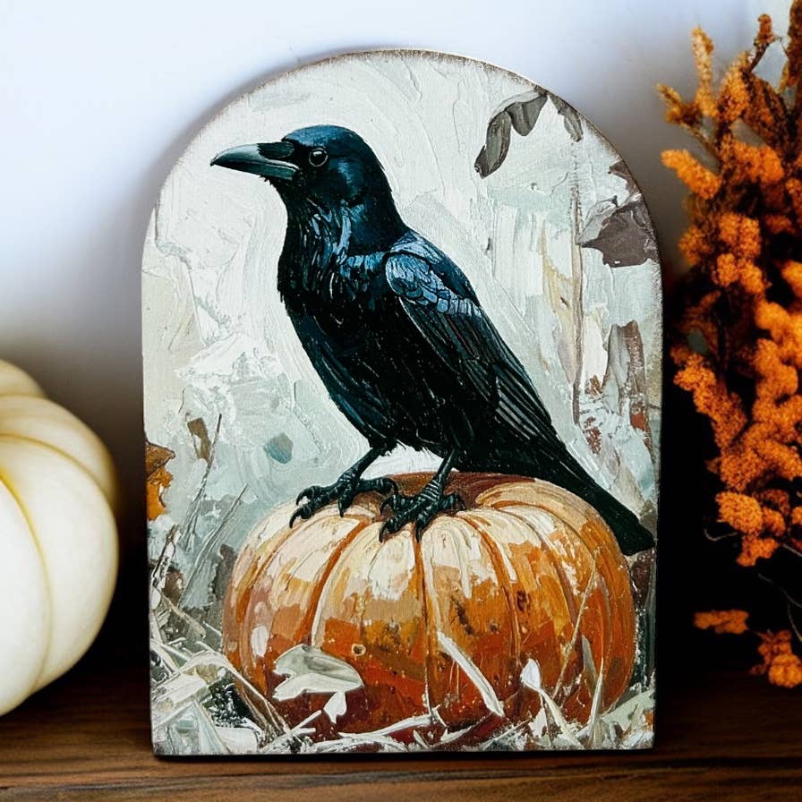 Crow on Pumpkin Wood Arch Printed Sitter