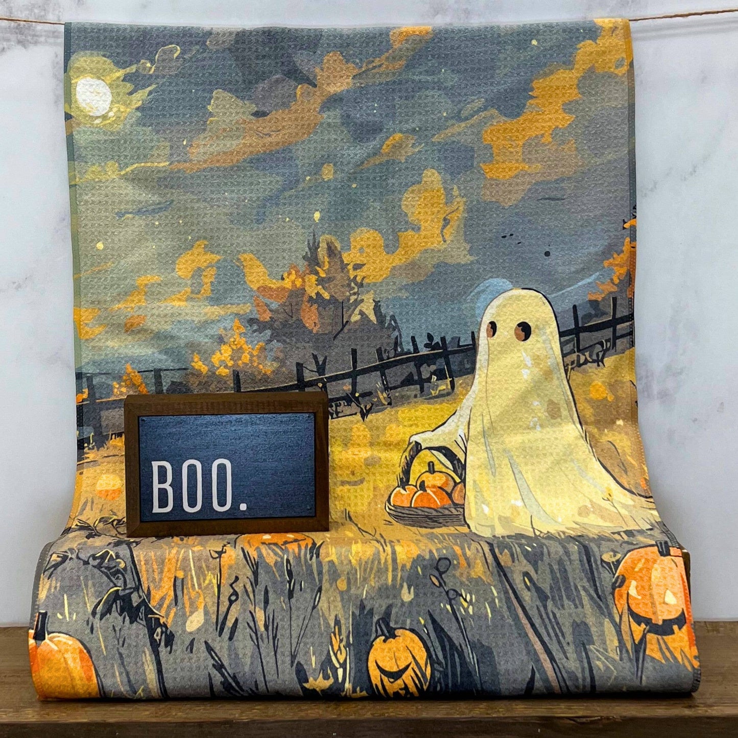 Ghost Picking Pumpkins Halloween Waffle Towels - Fall Decor
