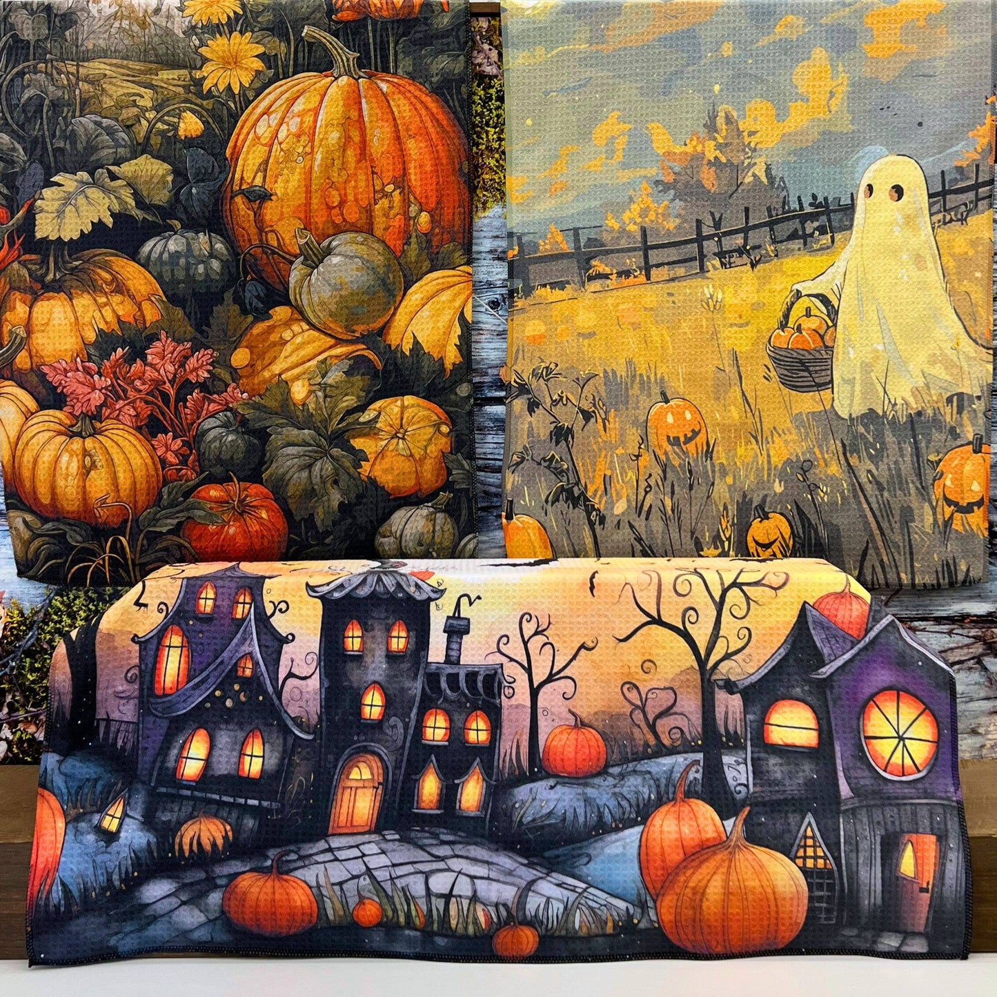 Ghost Picking Pumpkins Halloween Waffle Towels - Fall Decor