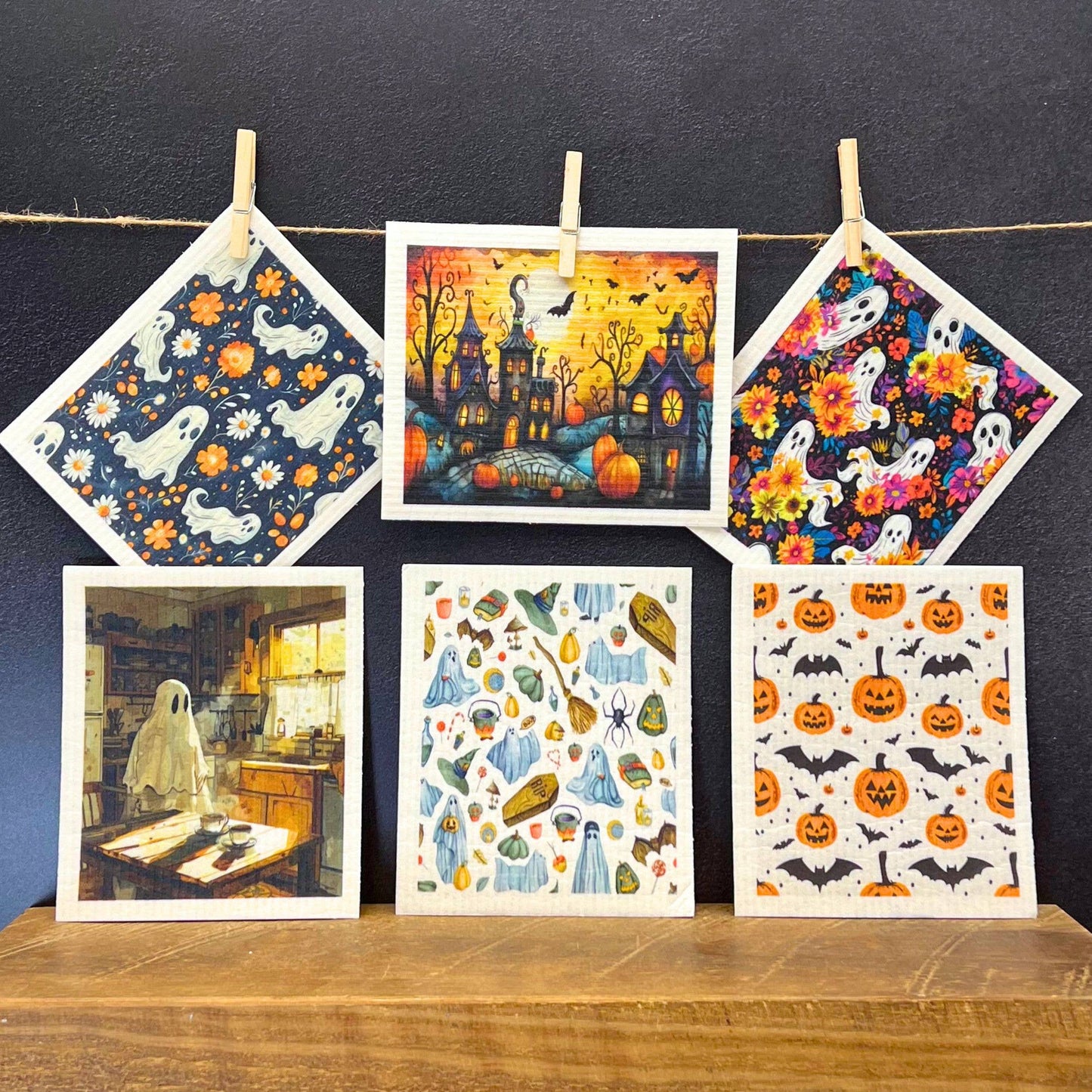 Ghosts & Fall Flowers Swedish Dishcloth - Halloween Decor