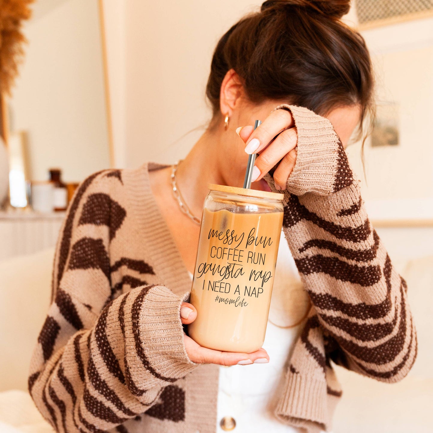 Mom Life Glass Coffee Mugs with Straws | Funny Mothers Day
