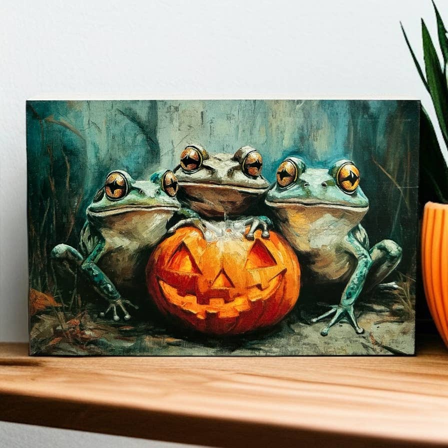 Frog Trio on Pumpkin - Autumn/Fall Decor Rustic Wood Sign