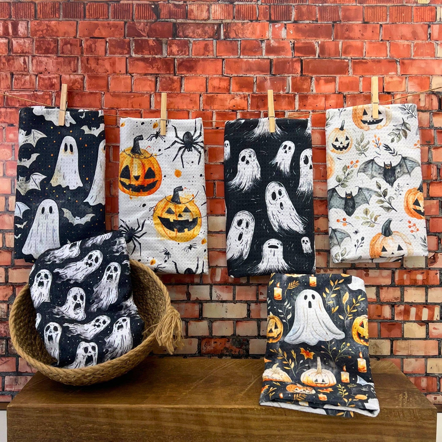 Halloween Ghost and Bat Waffle Tea Towel With Hanging Loop