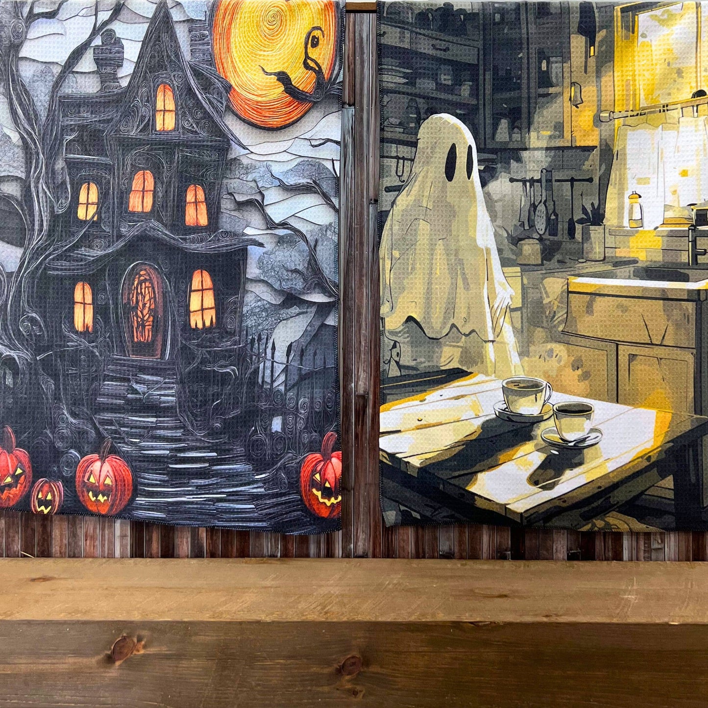 Ghost doing Dishes Halloween Waffle Towels - Fall Decor