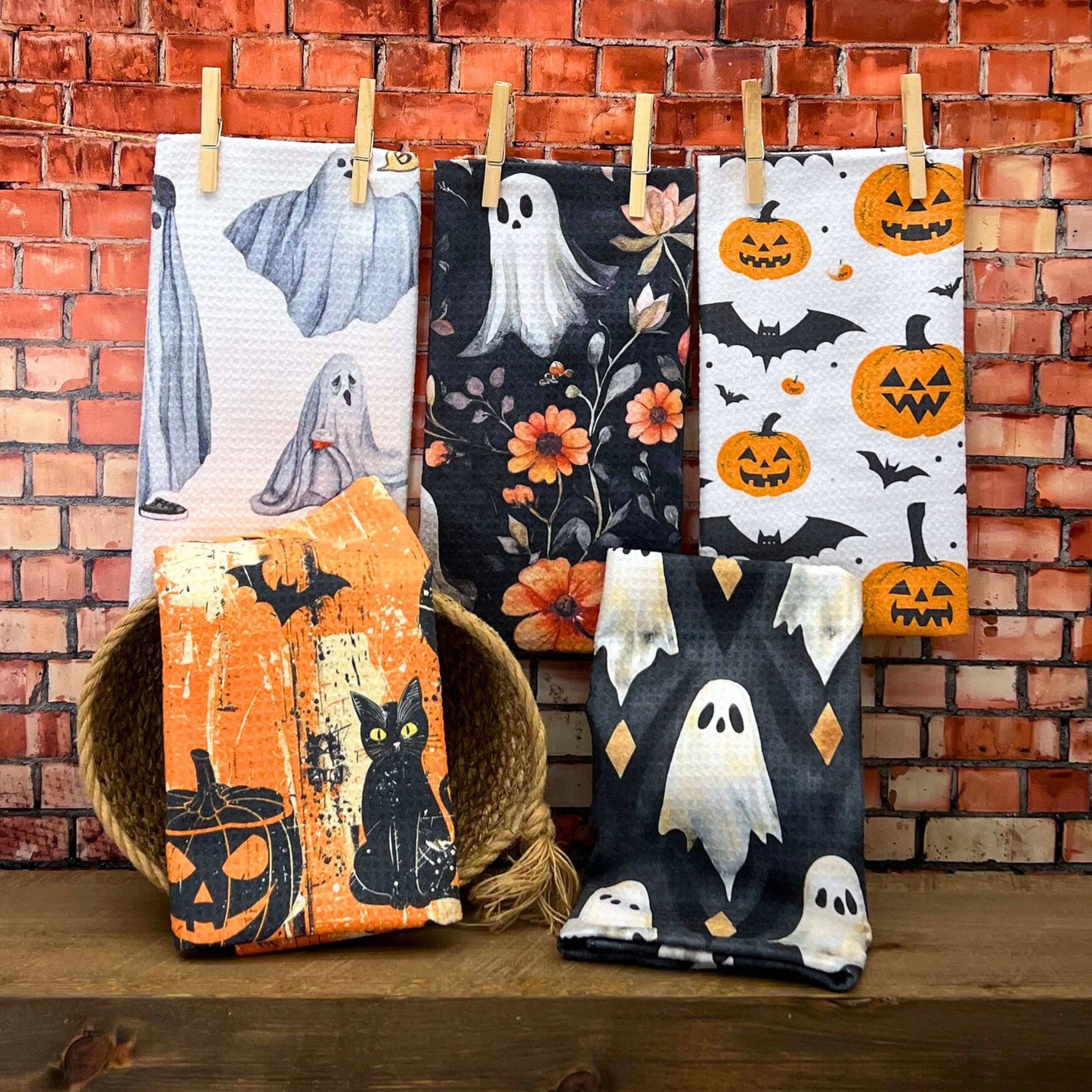Ghost Diamond Pattern Halloween Waffle Towels - Fall Decor