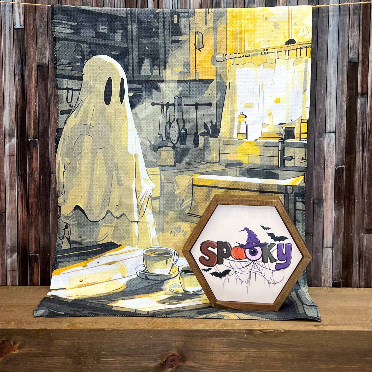 Ghost doing Dishes Halloween Waffle Towels - Fall Decor