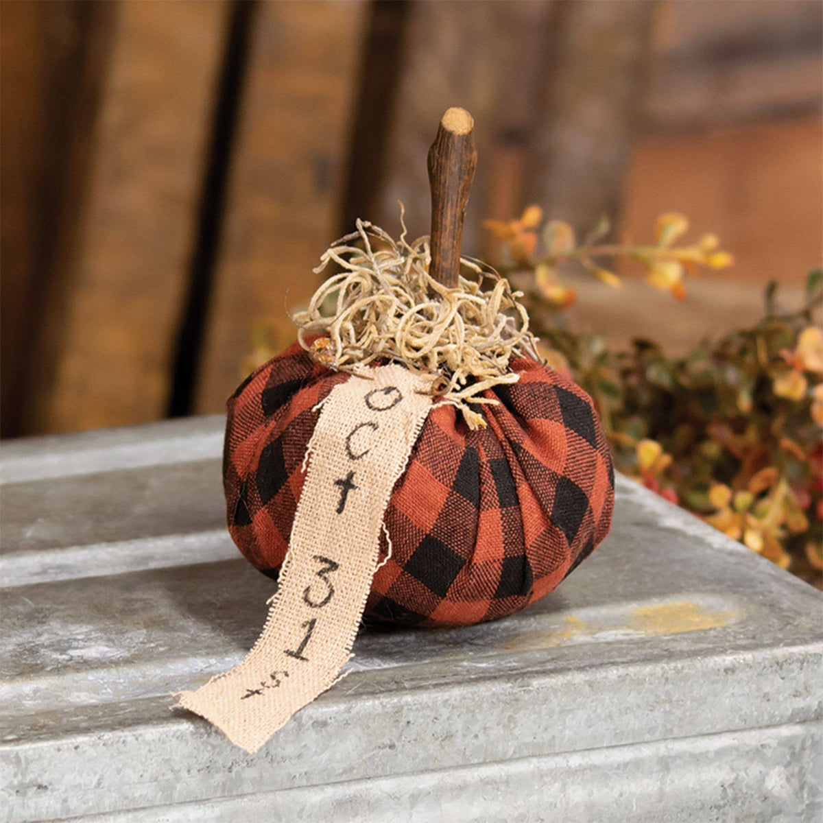 Burnt Orange & Black Stuffed "October 31st" Mini Pumpkin