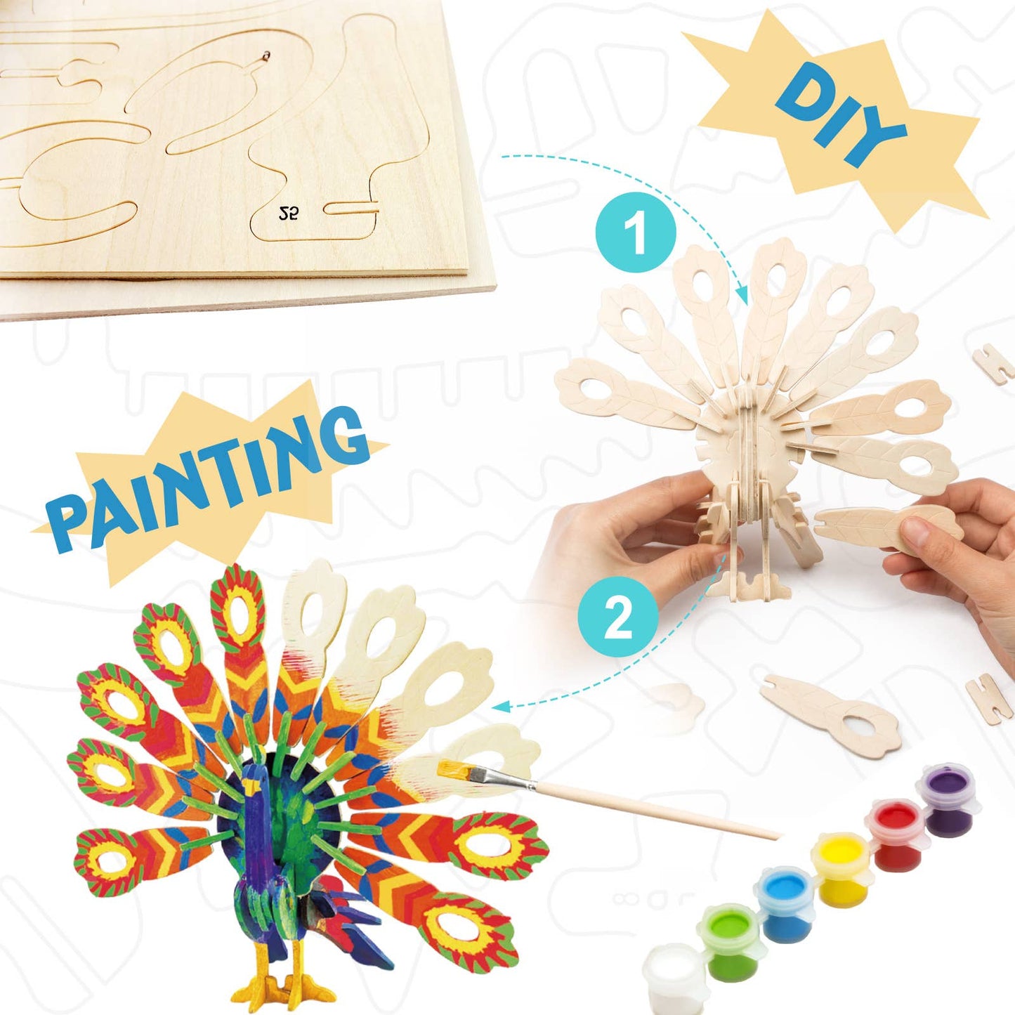 3D Wooden Puzzle with Paint Kit: Peacock