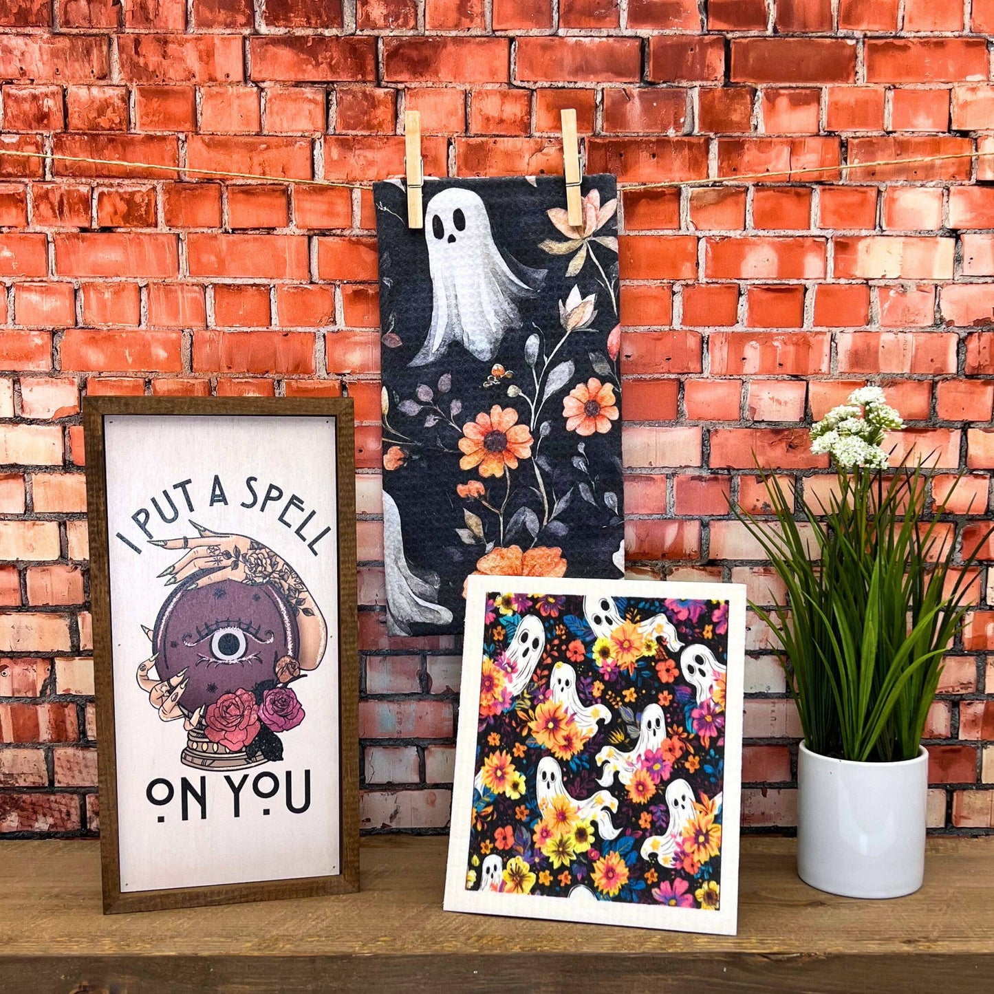 Halloween Ghosts & Fall Flowers Waffle Towels - Fall Decor