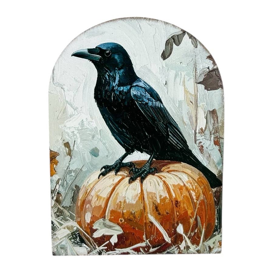 Crow on Pumpkin Wood Arch Printed Sitter