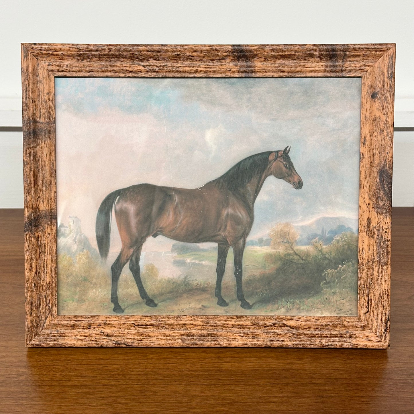 Bay Horse in a Field Antique Framed Art