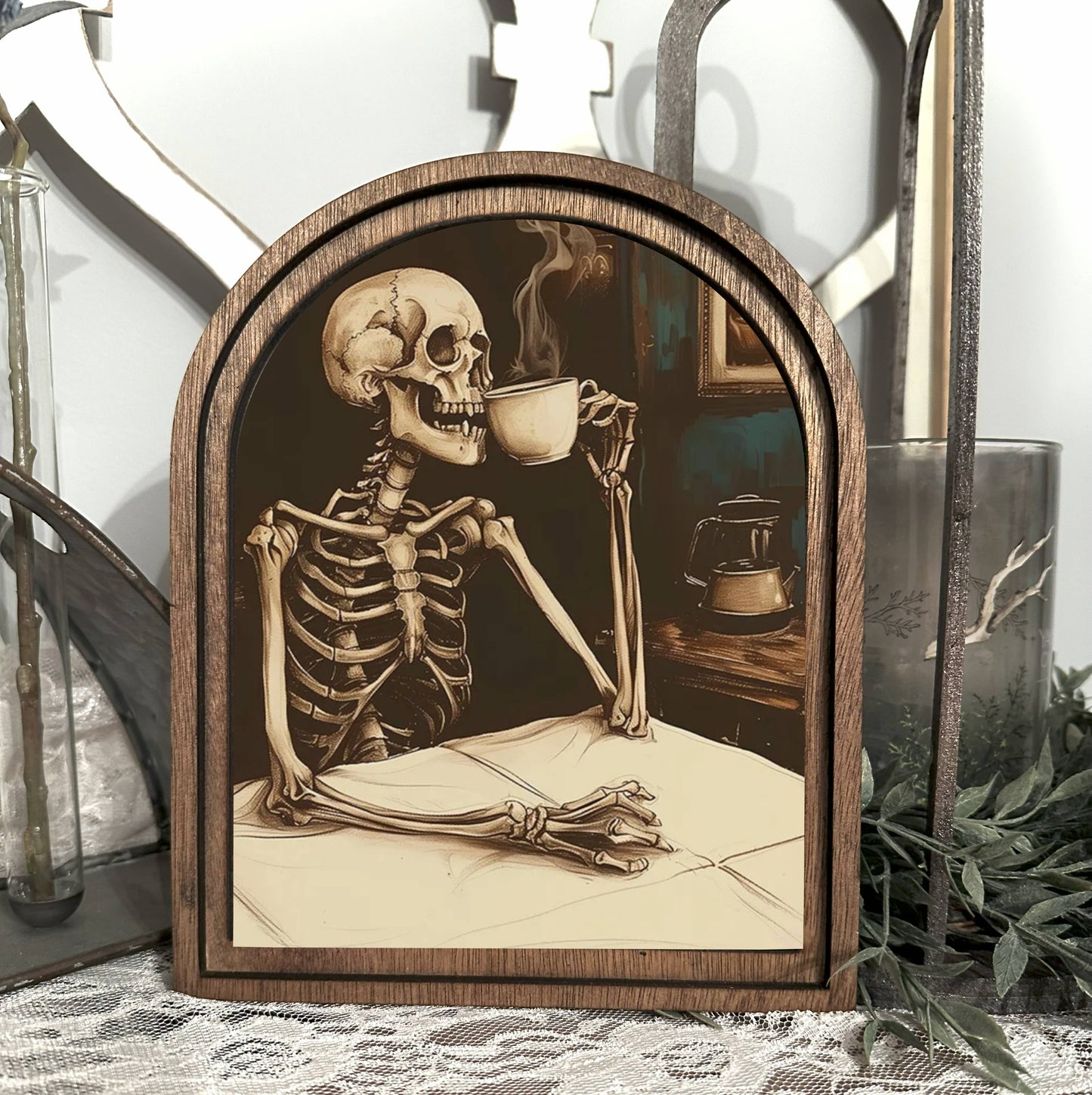 Skeleton Coffee Bar Framed Canvas Art
