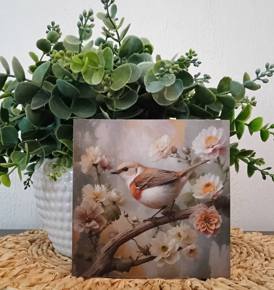 Bird on Branch w/Flowers