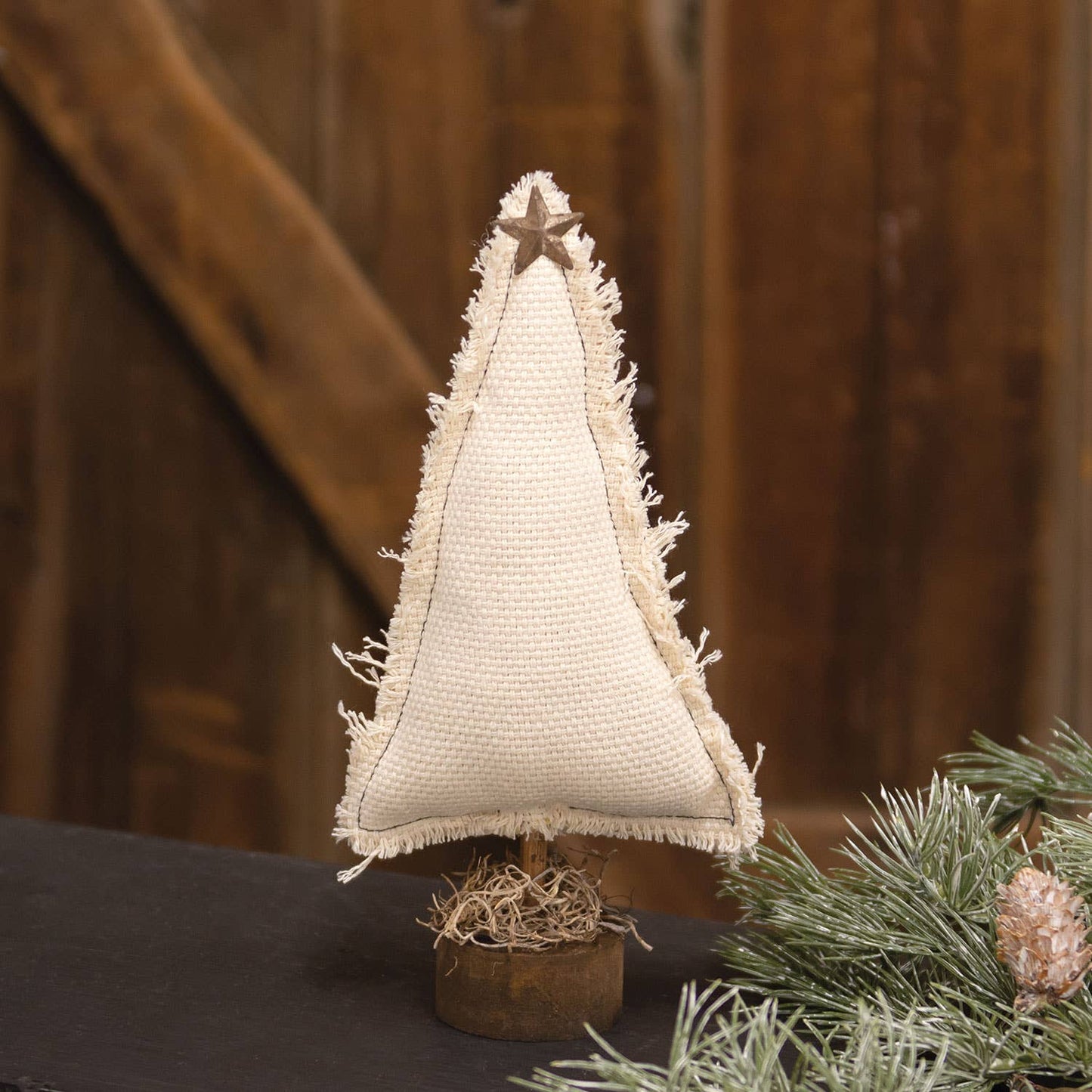 9.5" Fringed Stuffed Ivory Canvas Christmas Tree on Base