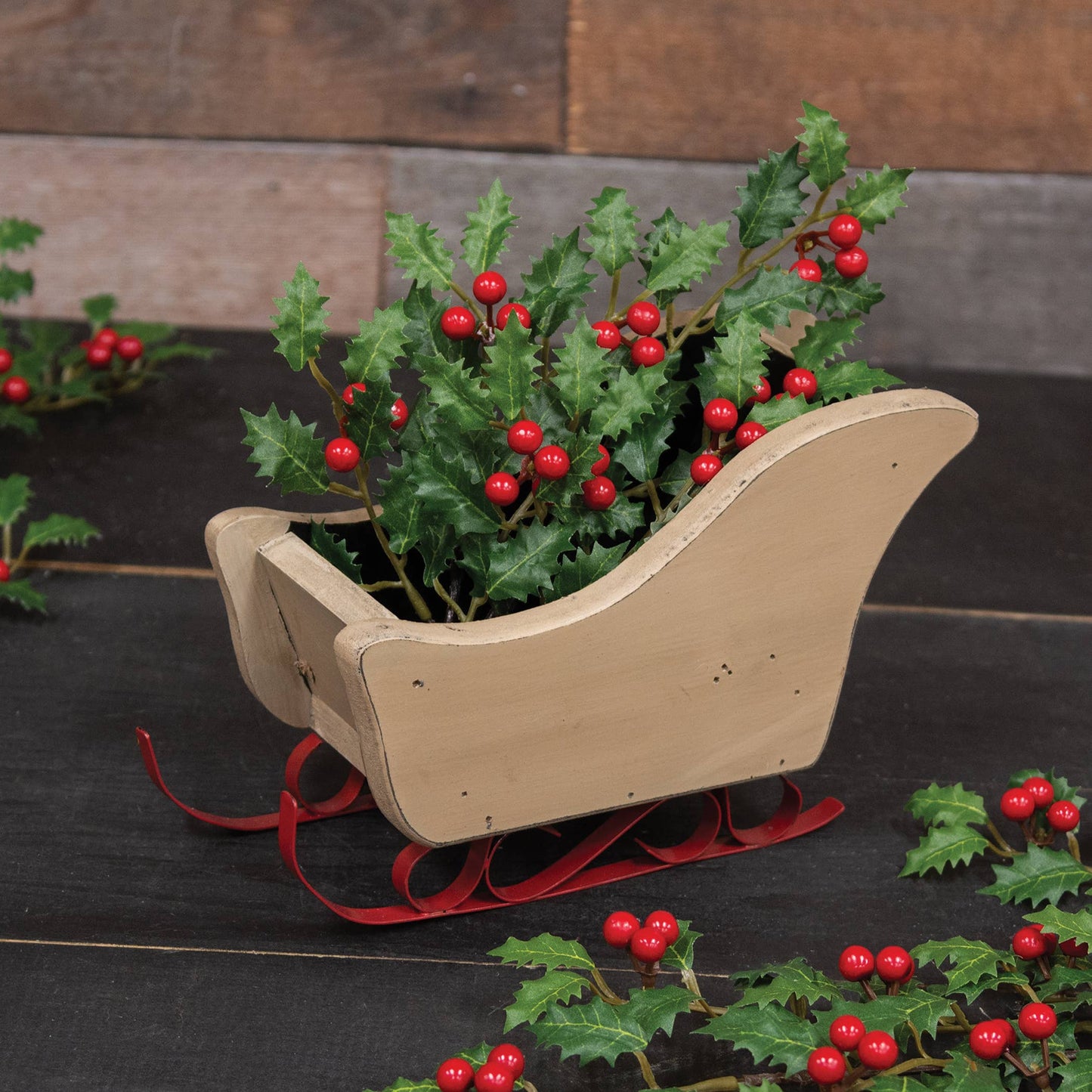 Distressed Tan & Red Wooden Sleigh