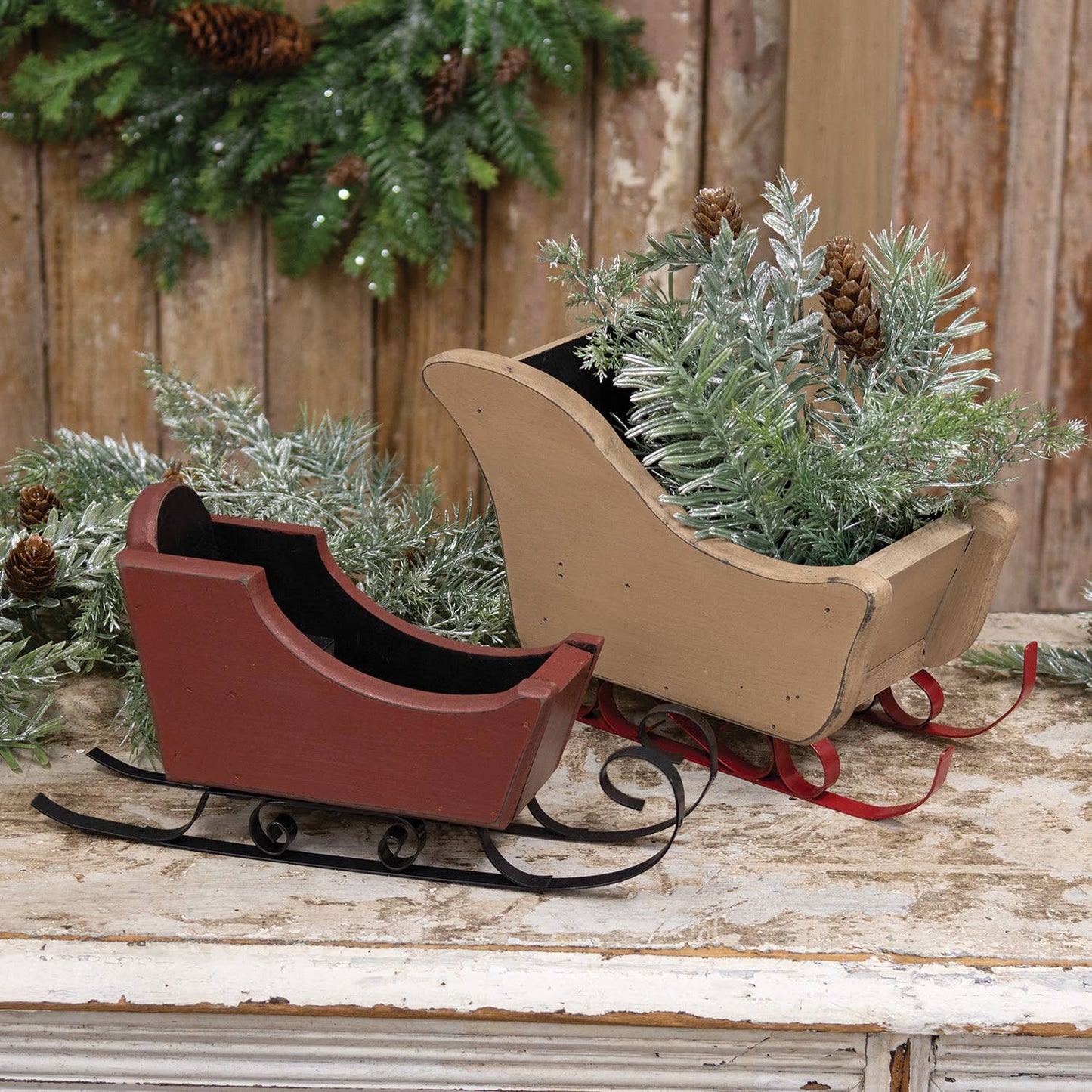 Distressed Red & Black Wooden Sleigh