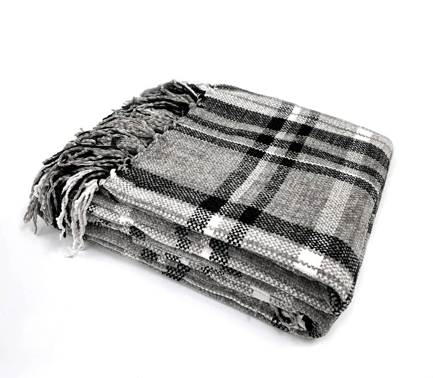 Grey Chenille Woven Plaid Tassel 50"x60" Throw Blanket