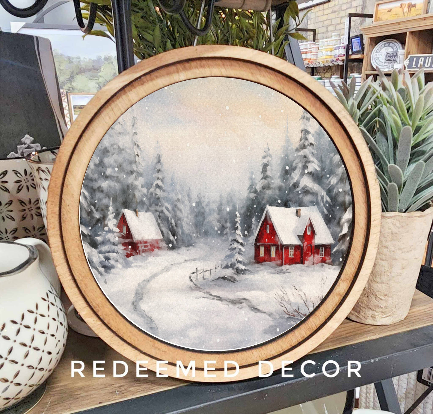 Snowy Red Cabins Art