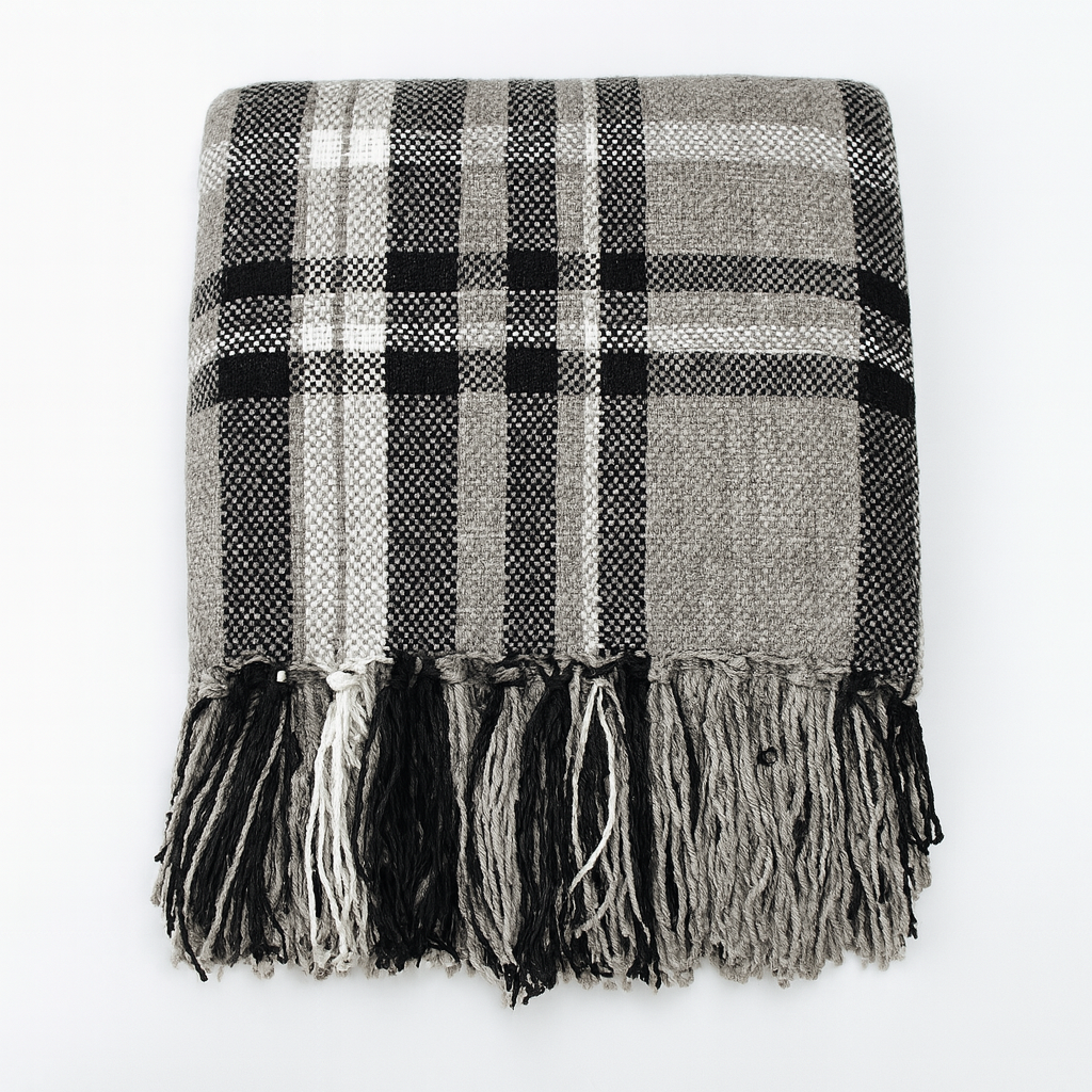 Grey Chenille Woven Plaid Tassel 50"x60" Throw Blanket