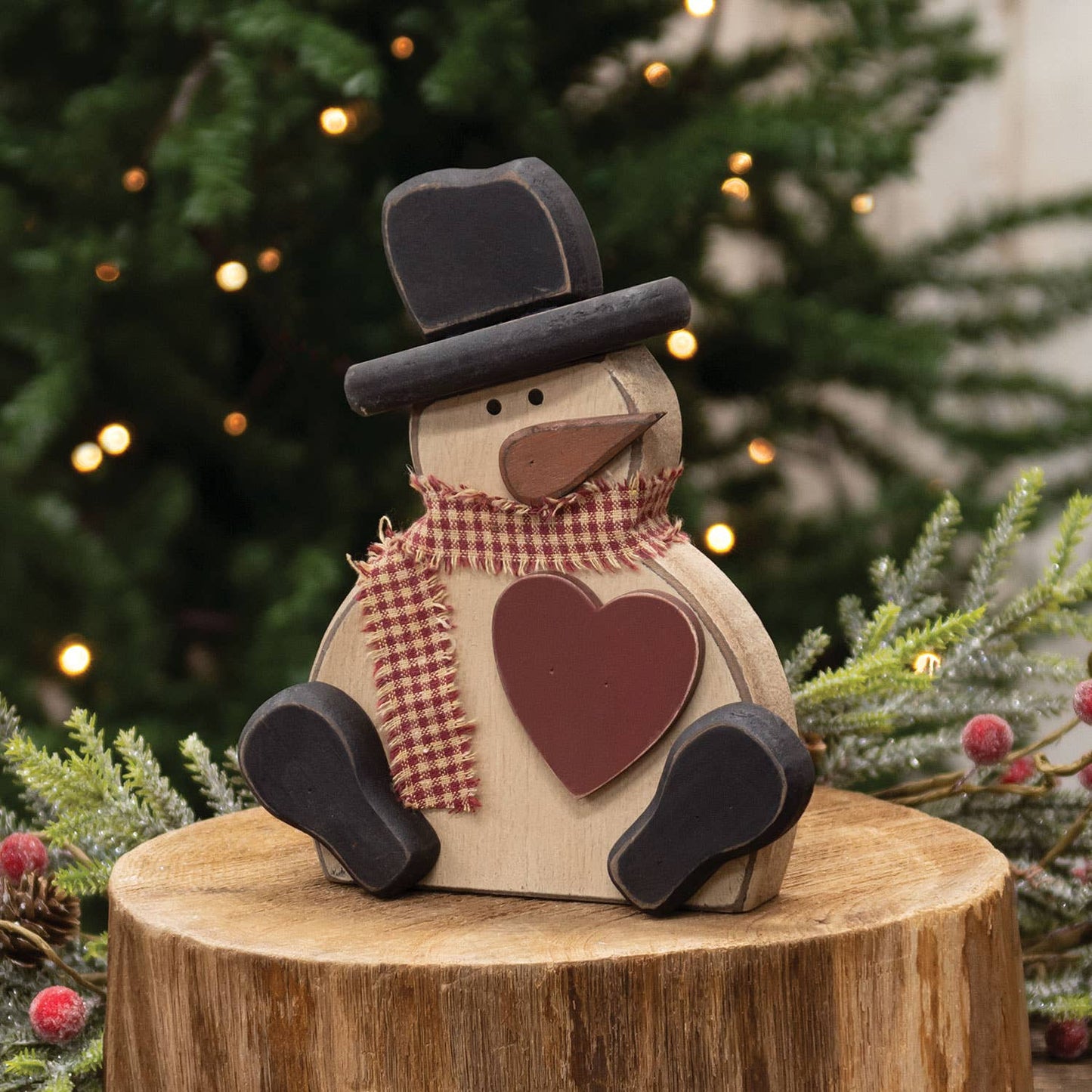 Chunky Wooden Snowman w/Heart Sitter