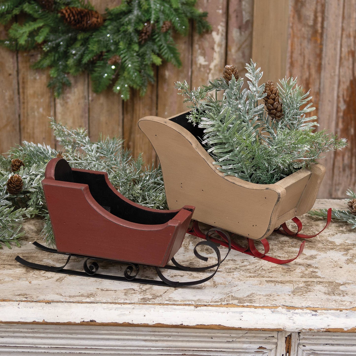 Distressed Tan & Red Wooden Sleigh