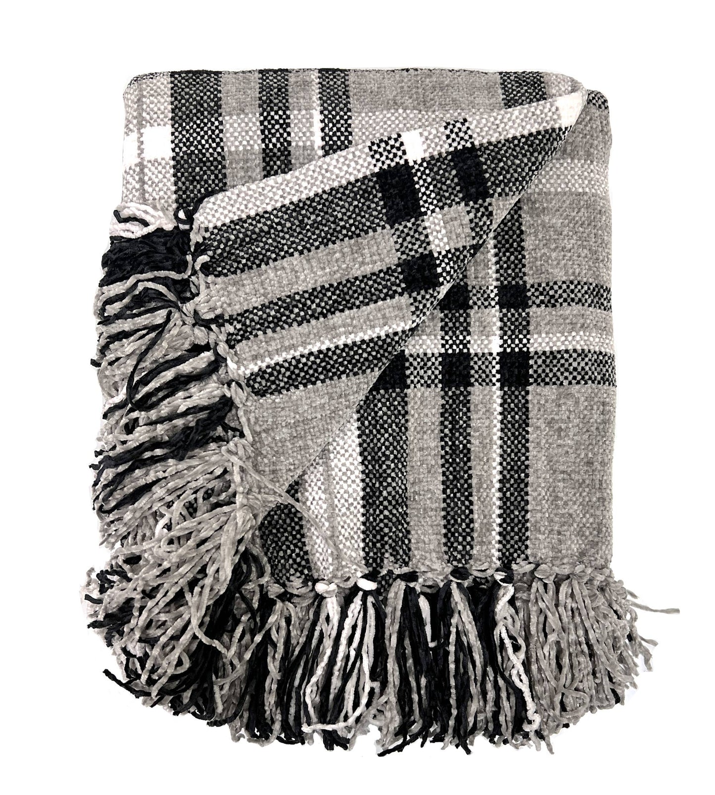 Grey Chenille Woven Plaid Tassel 50"x60" Throw Blanket