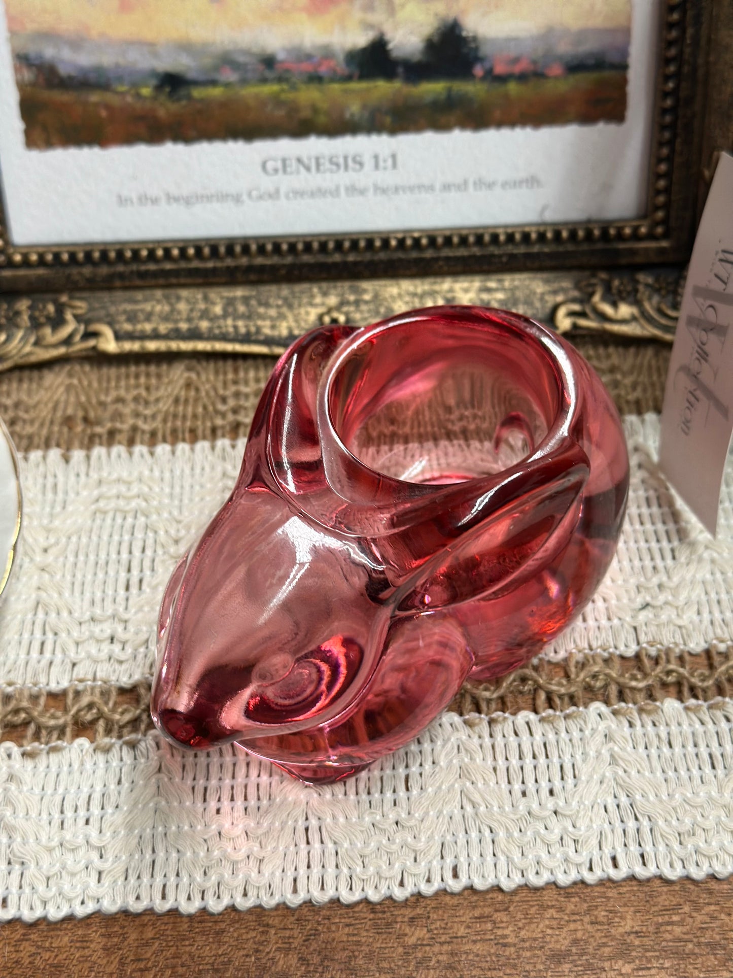 Vintage Indiana Cranberry Glass Bunny Votive Holder
