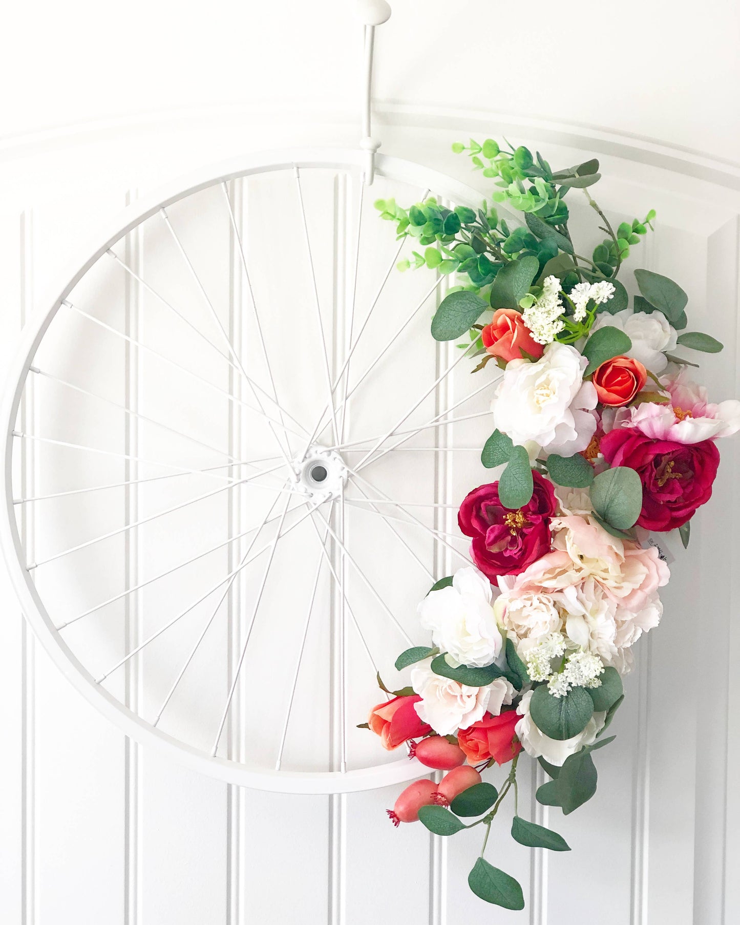 White Bicycle Wheel Floral Wreath