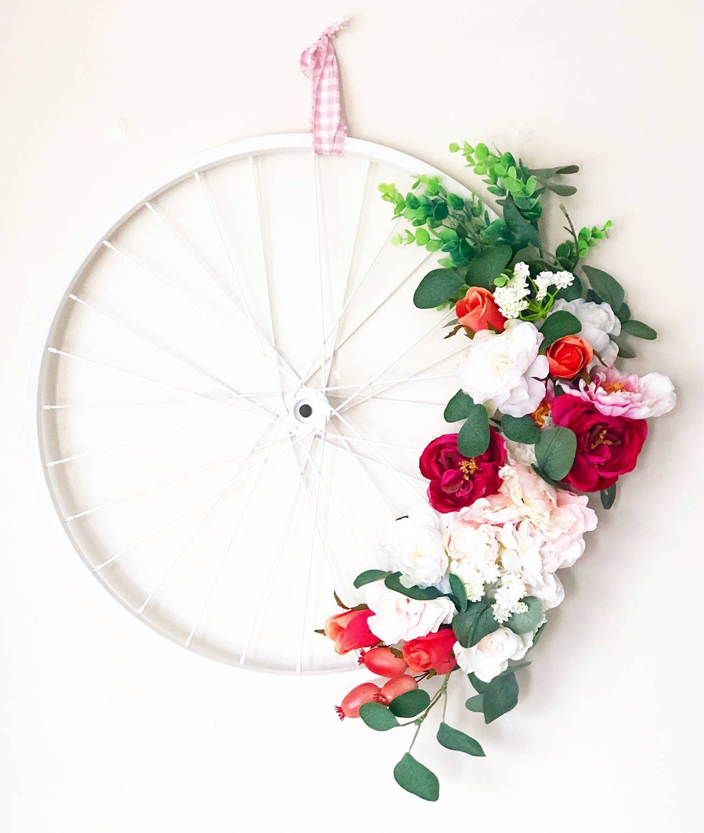 White Bicycle Wheel Floral Wreath