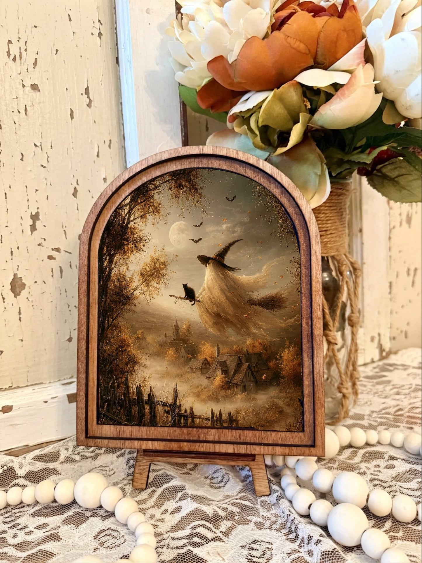 Ghost Witch w/Cat. Framed Canvas Art