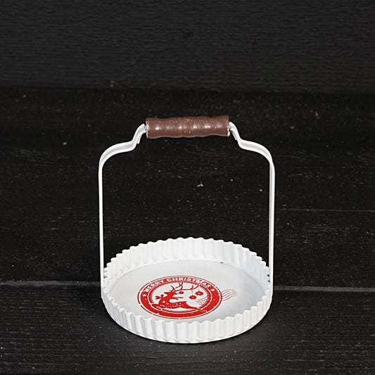 White Vintage metal decorative pan w. handle-Reindeer