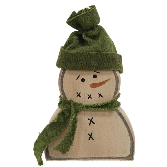 Wooden Primitive Snowman Sitter w/Green Hat & Scarf