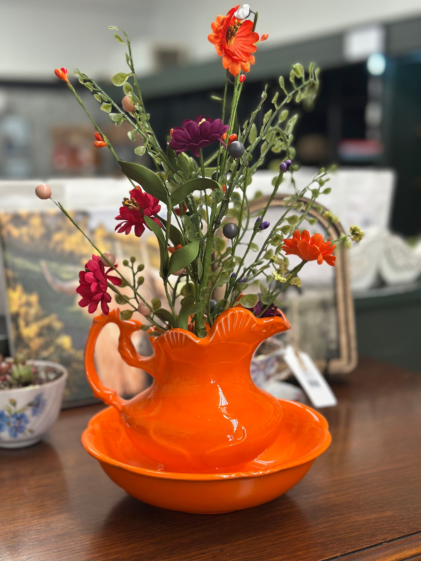 Vintage Orange Pitcher & Bowl