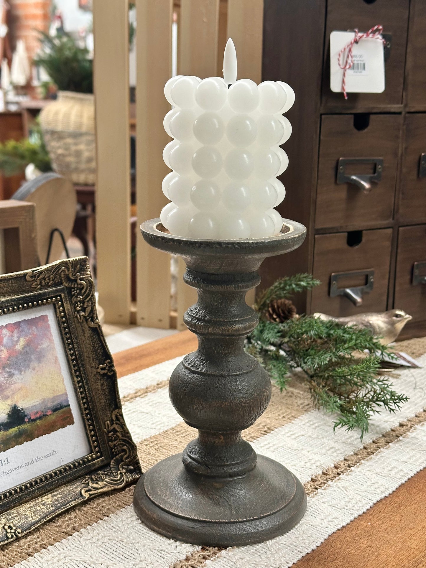 Grey Rustic Wood Candle Holder