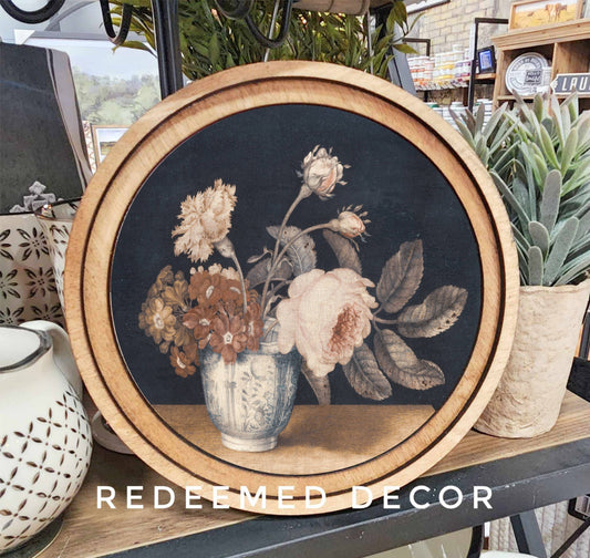 8" Round Vintage Flowers Art