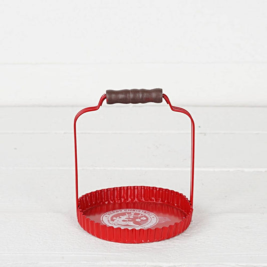 Red Vintage metal decorative pan w. handle-Reindeer