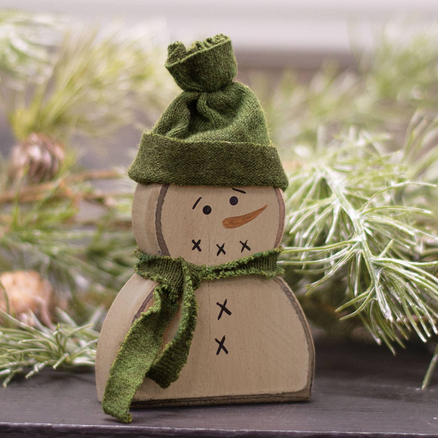 Wooden Primitive Snowman Sitter w/Green Hat & Scarf