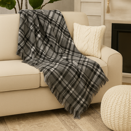 Grey Chenille Woven Plaid Tassel 50"x60" Throw Blanket