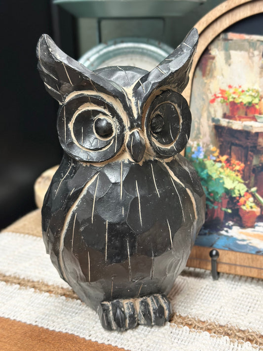 Resin Black Distressed Owl