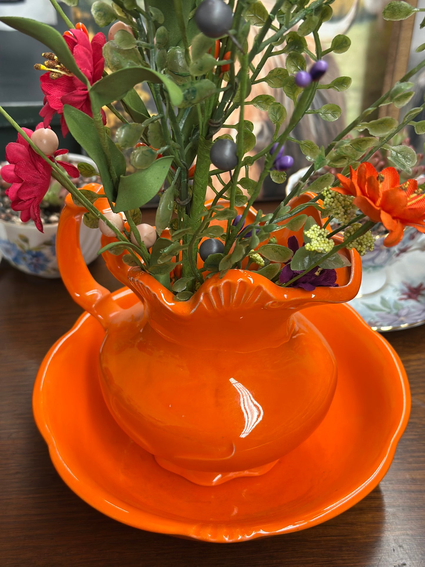Vintage Orange Pitcher & Bowl