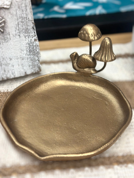 Cast Metal Antique Gold Tabletop Mushrooms Dish