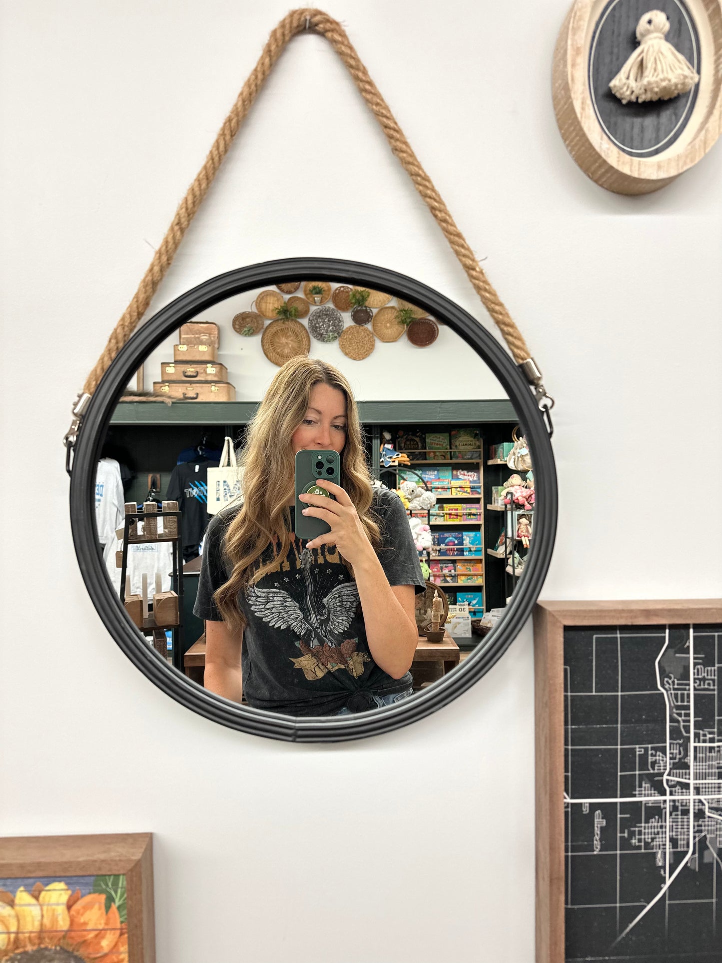 16 inch Black Round Hanging Mirror