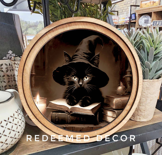 8" Round Halloween Cat Art