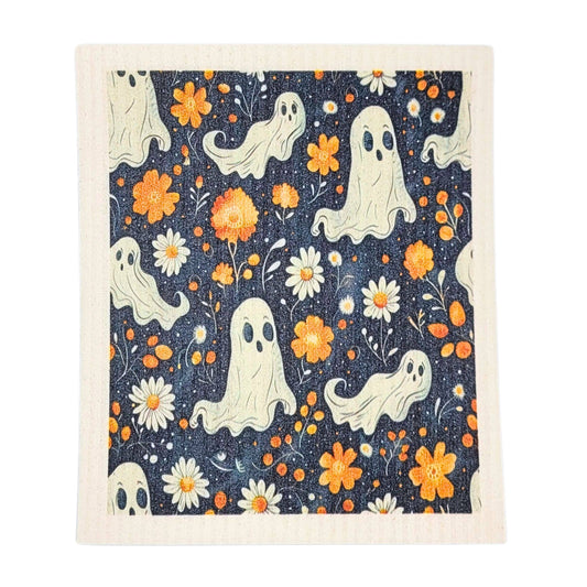 Ghosts & Fall Flowers Swedish Dishcloth - Halloween Decor