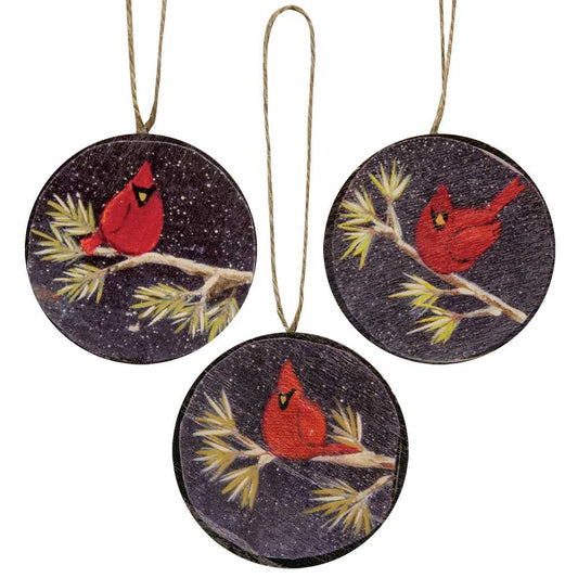Cardinal Round Wooden Christmas Ornament, 3 Assorted