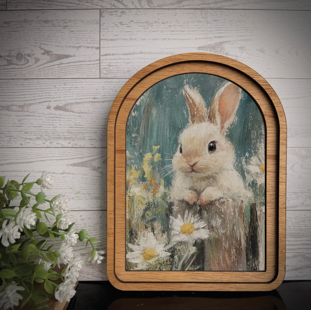 Bunny Daisy Landscape Arch Wood Frame