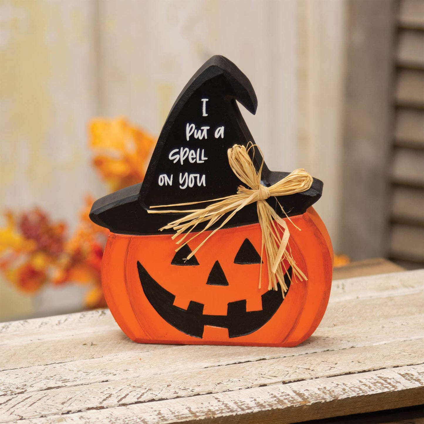 Hand Carved Wooden I Put A Spell On You Jack O Witch Sitter