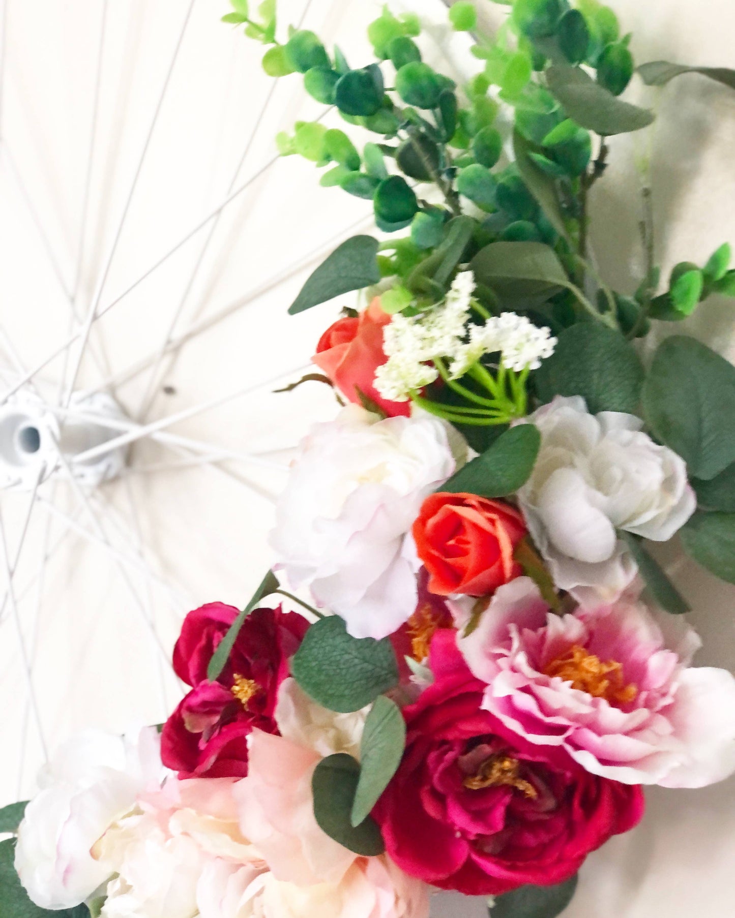 White Bicycle Wheel Floral Wreath